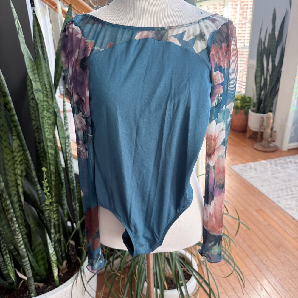 Floral Mesh Sleeve Blue Leotard